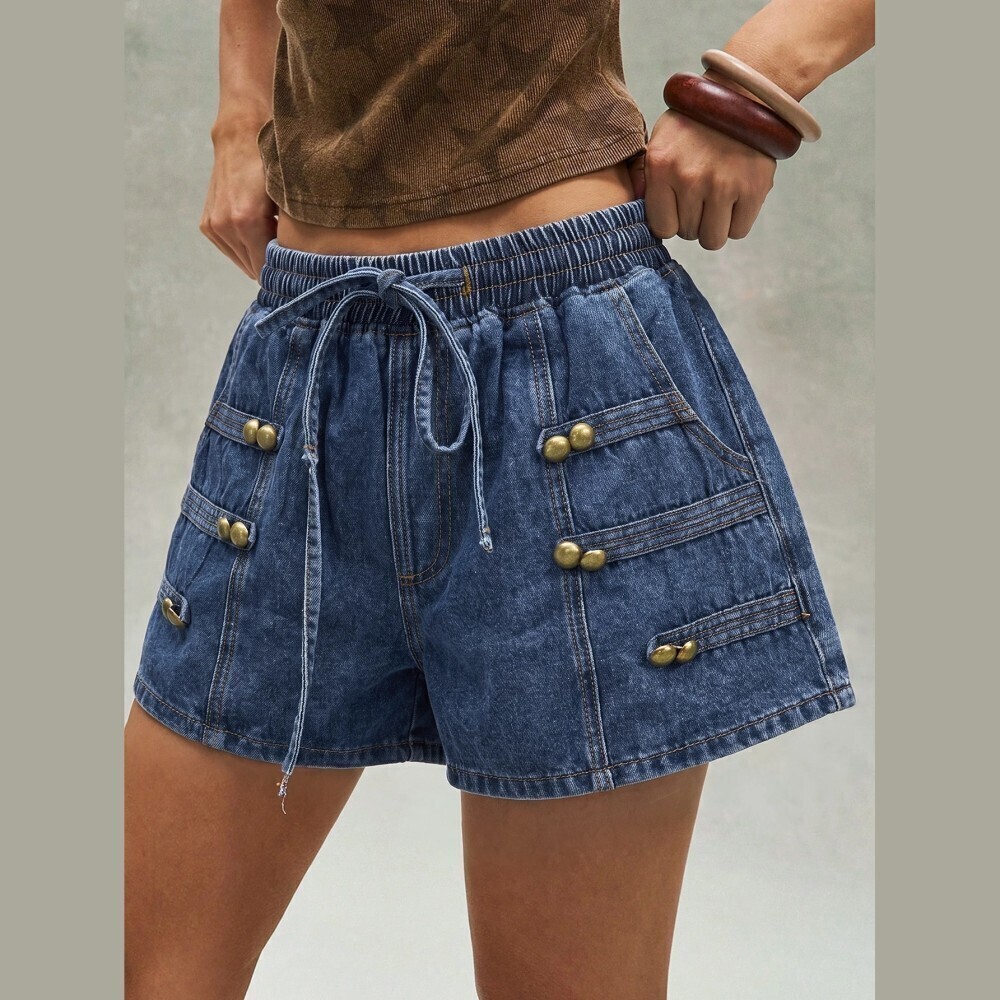 Medium Wash Denim Drawstring Military Trim Loose Fit Mini Shorts